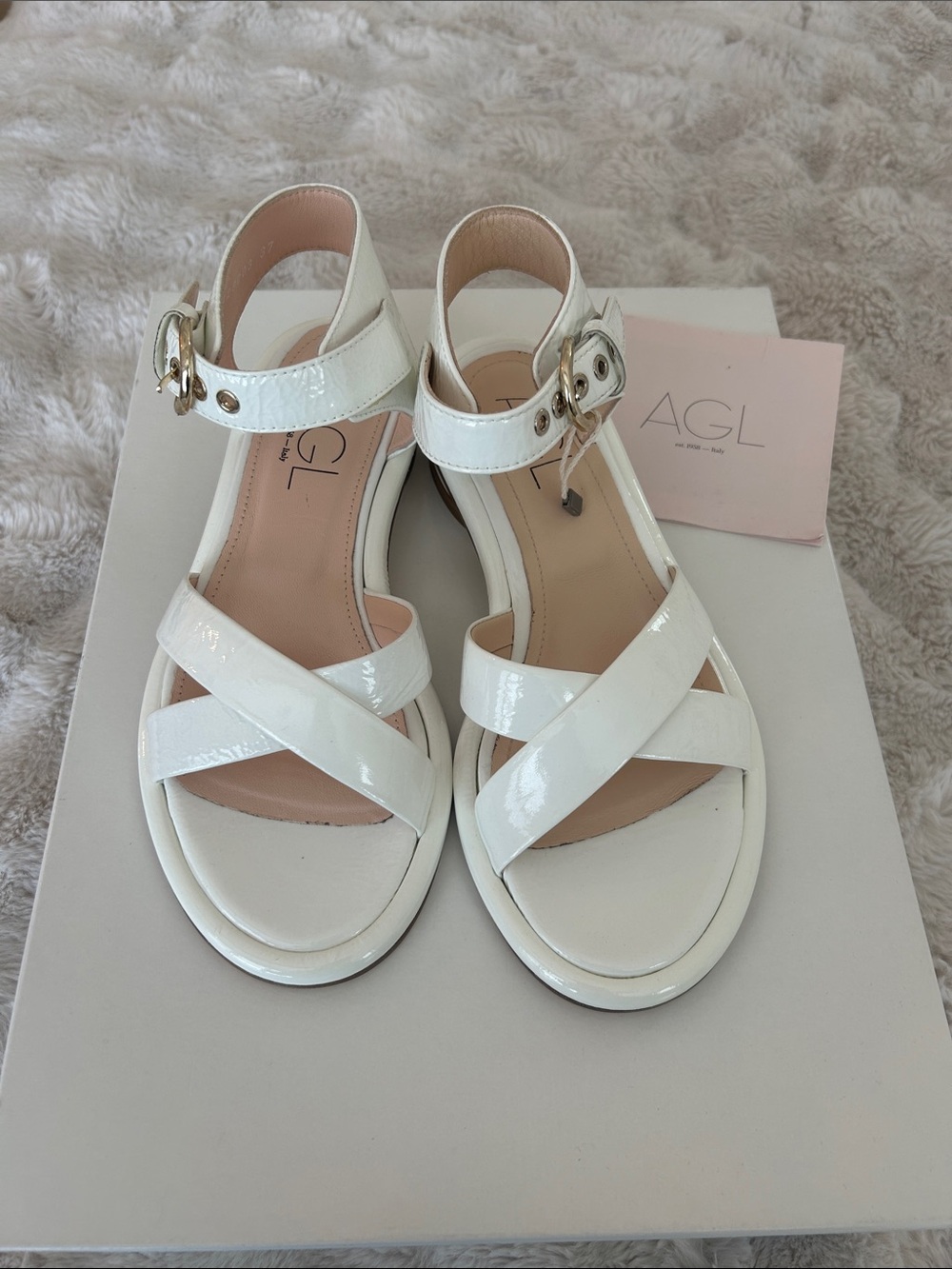 Agl White Patent Leather Crisscross Ankle-Strap Sandals